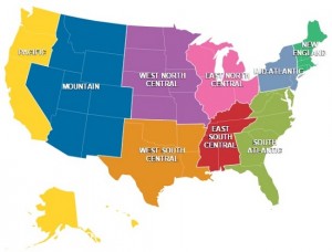 color coded regional map of U.S.