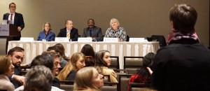 Michael E. Waterstone, Loyola Law School, Los Angeles; AALS Executive Director Judith Areen; Bradley A. Areheart, University of Tennessee College of Law; 2015 AALS President Blake D. Morant, The George Washington University Law School; and 2016 AALS President Kellye Y. Testy, University of Washington School of Law, field a question from an audience member during a session for first-time meeting attendees.