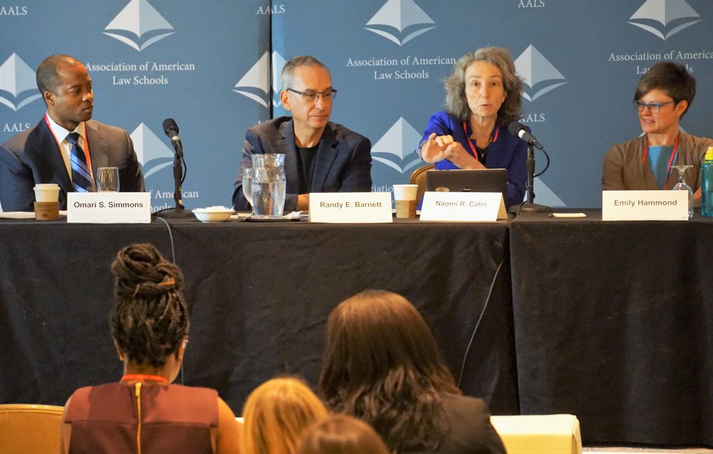 Friday’s plenary session, “Scholarship: Building Relationships and Distributing Your Ideas” with Omari S. Simmons, (Wake Forest Law), Randy E. Barnett (Georgetown Law), Naomi R. Cahn (George Washington Law), and Emily Hammond (George Washington Law).