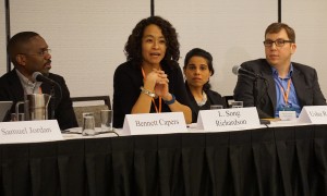 Panelists at an Arc of Career panel discuss scholarly engagement post tenure. (R-L) Bennett Capers, Brooklyn Law School; L. Song Richardson, University of California, Irvine School of Law; Usha R. Rodrigues, University of Georgia School of Law; and Stephen I. Vladeck, American University, Washington College of Law.