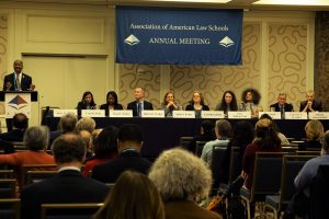 AALS President’s Program on Diversity panelists. From left to right: Moderator Blake Morant, Carla Pratt, Eboni Nelson, Robert Vischer, Arlene Kanter, Carol Goforth, Erin Dallinger-Lain, Jody David Armour, Lawrence Alexander, and Maimon Schwarzschild.