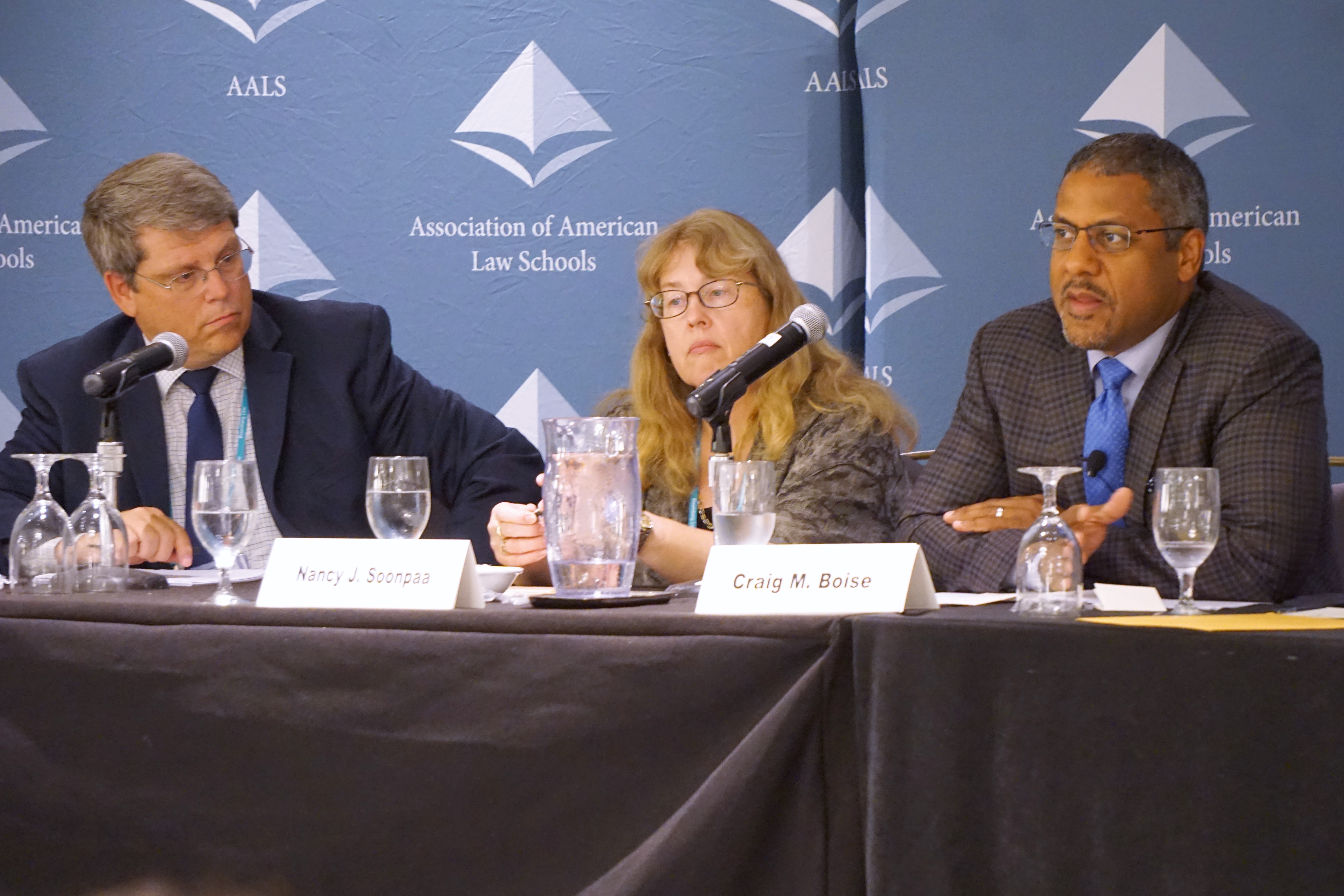 Plenary Session: Navigating Tenure, Long Term Contracts, and the Road Ahead. L-R. D. Gordon Smith, Brigham Young University, J. Reuben Clark Law School; Nancy J. Soonpaa, Texas Tech University; and Craig M. Boise, Syracuse College of Law.