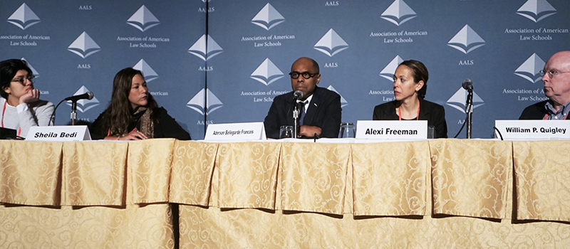 The Plenary Session on April 30 addressed “The Power of the State and Our Many Client Communities.” L-R: Amna Akbar, The Ohio State University Moritz College of Law; Sheila Bedi, Northwestern University Pritzker School of Law; Aderson Bellegarde Francois, Georgetown University Law Center; Alexi Freeman, University of Denver Sturm College of Law; and William P. Quigley, Loyola University New Orleans College of Law.