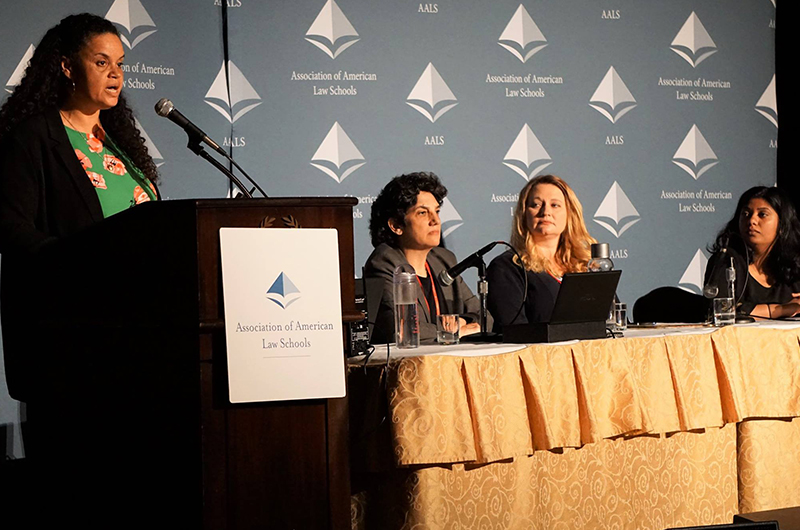 The Plenary Session on May 1 explored “Identifying and Pursuing Interest Convergence Strategies in the Representation of Our Clients and the Pursuit of Building Community.” L-R: Tirien Steinbach, University of California, Berkeley School of Law; Elizabeth B. Cooper, Fordham University School of Law; Stacey-Rae Simcox, Stetson University College of Law; and Priya Baskaran, West Virginia University College of Law.