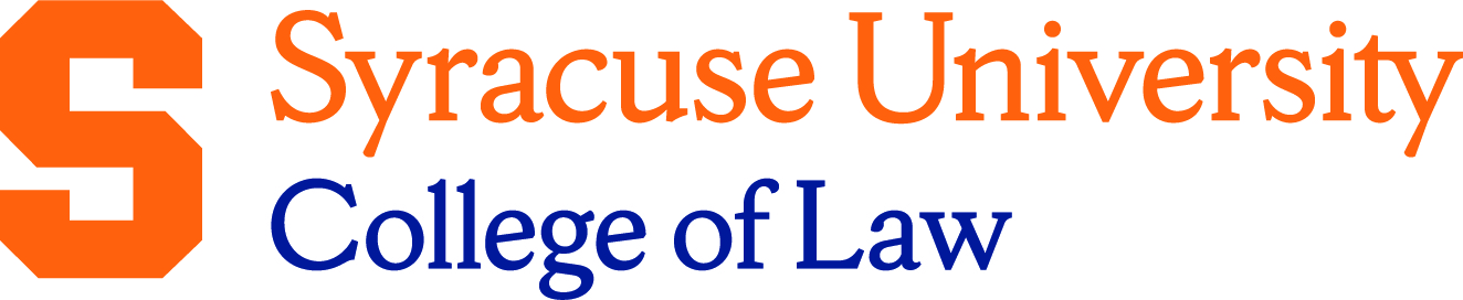 Orange and Blue logo for and that says Syracuse University College of Law 